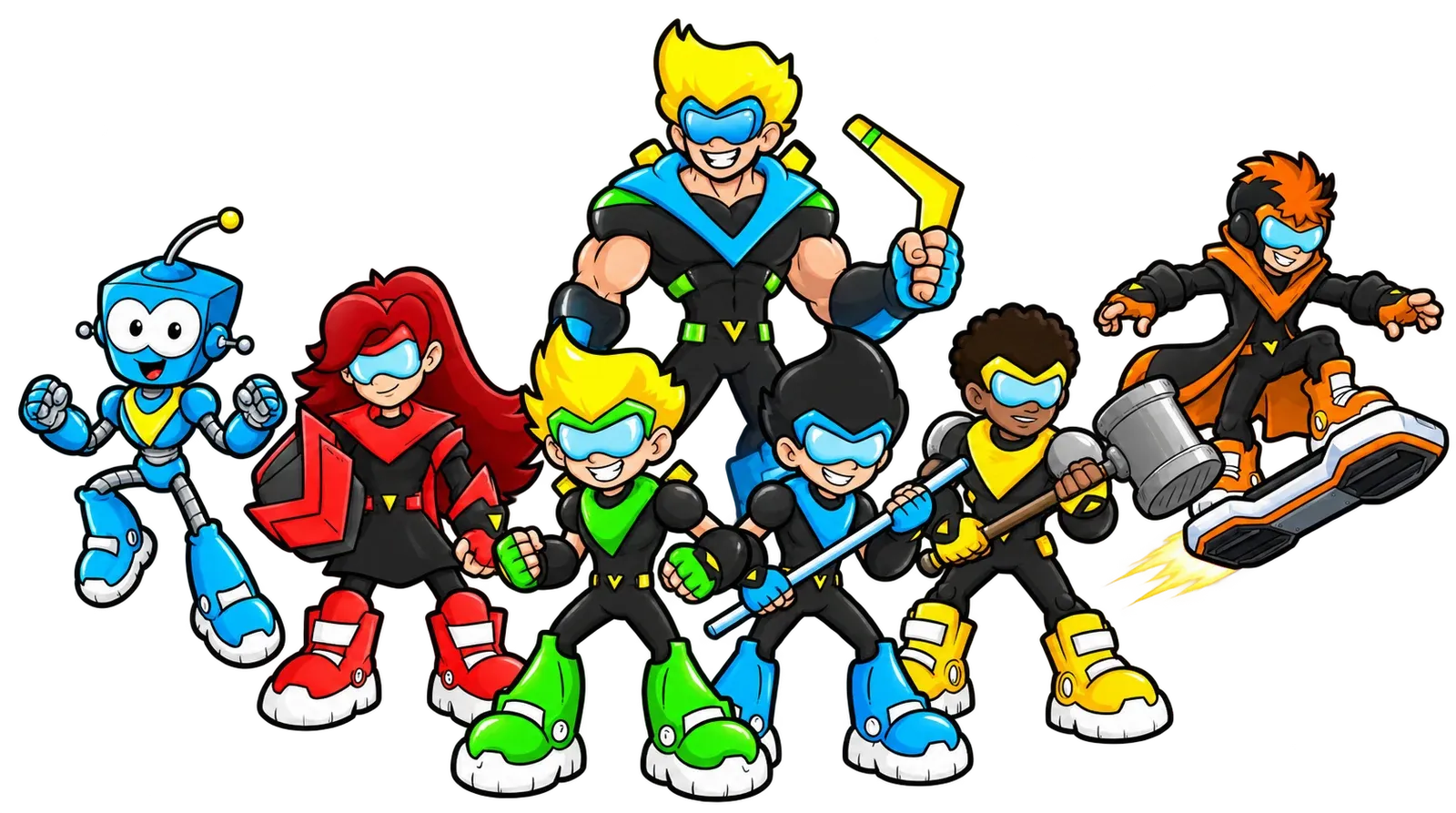 The Boom Squad heroes posed together, ready for action